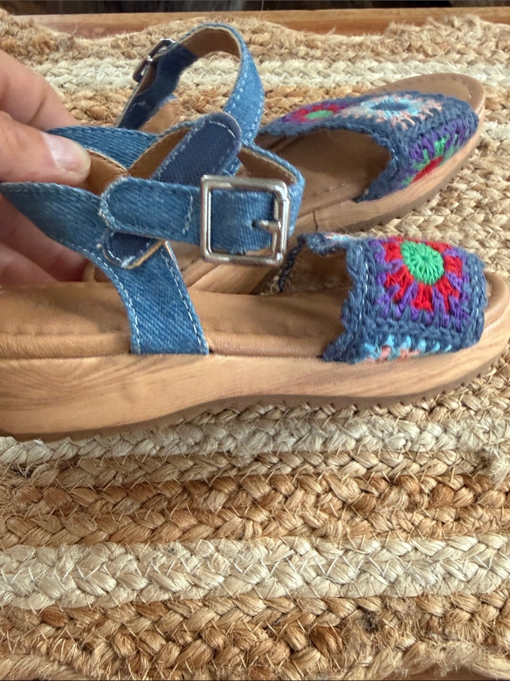 Nine West Girls' Blue Denim Crochet Sandals with Multicolor Accent - Picture 2 of 4